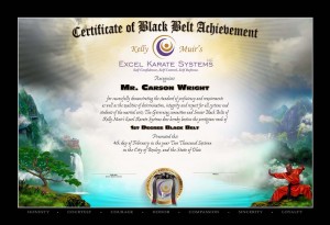 Certificate of Black Belt Achievement from Kelly Muir's Excel Karate