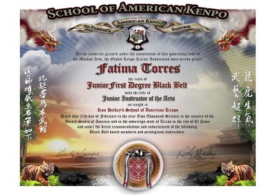 School of American Kenpo – Junior Black Belt Certificate