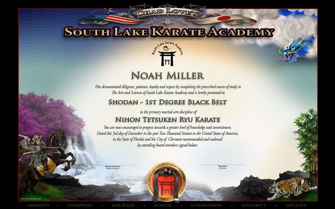 South Lake Karate Academy Black Belt Certificate